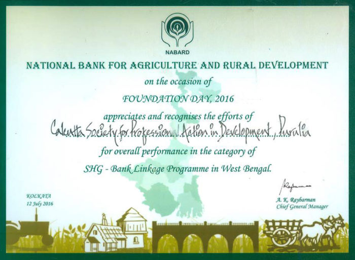 Certificate given by NABARD to SPADE for this project. Click to enlarge.